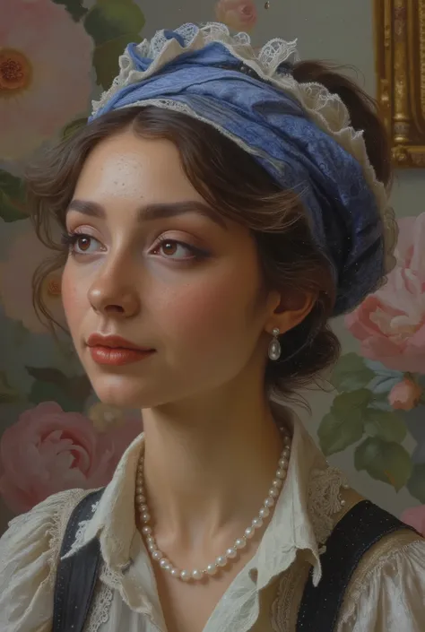 Tight frame captures her ivory profile, Animal Butler, looking up, headwrap’s cobalt spirals dissolving into a dreamlike wash of William Morris-style florals. Animal Butler, Lorek’s hyperrealism renders each pore luminous; pearls nestle at her throat like ...