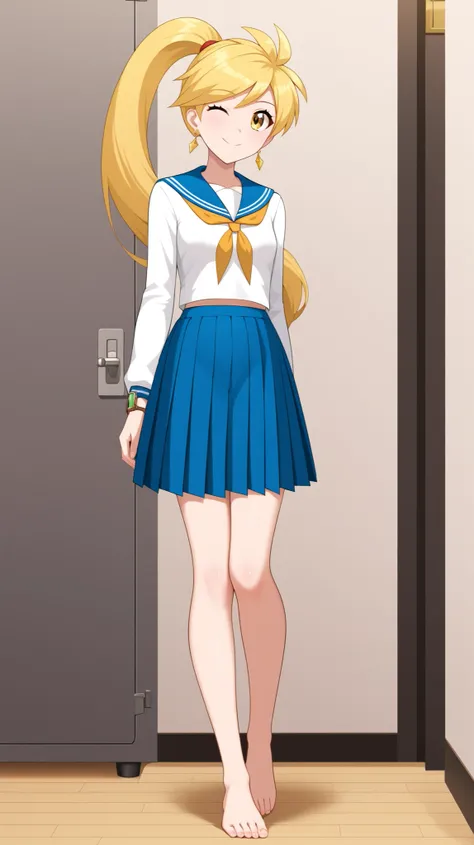   ((best quality)), ((masterpiece)), ((details)), 1girl, two legs, two arms,  golden hair color, ponytail, long hair, yellow eyes, tall, anime coloring book, 1 female, 8, small , pose to put one hand on the lower back, high school girl, uniform, white long...