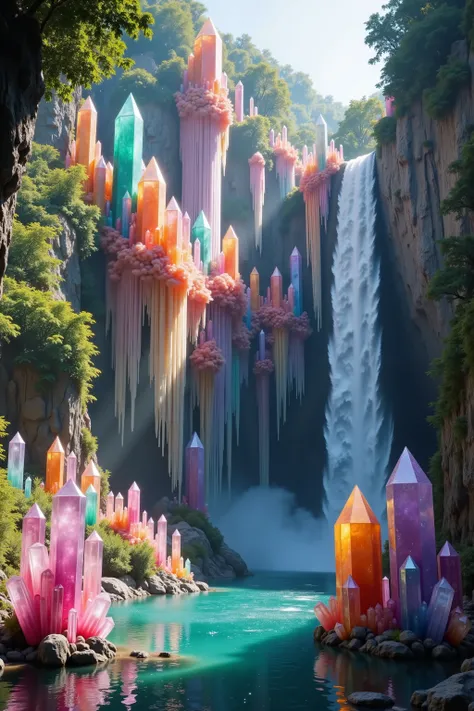 A cliff that is 300 feet tall made up of gigantic and translucent quartz crystal points that are multicolored pillars in a tropical rainforest. In the middle of these skyscraper sized quartz crystals is an incredible gushing, cascading waterfall that pours...