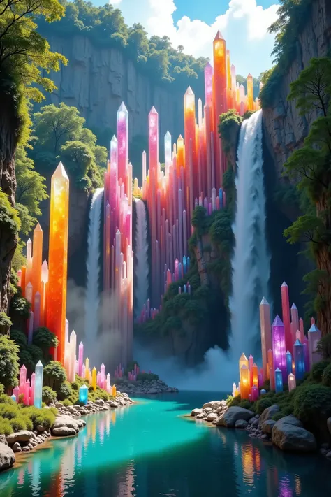A cliff that is 300 feet tall made up of gigantic and translucent quartz crystal points that are multicolored pillars in a tropical rainforest. In the middle of these skyscraper sized quartz crystals is an incredible gushing, cascading waterfall that pours...