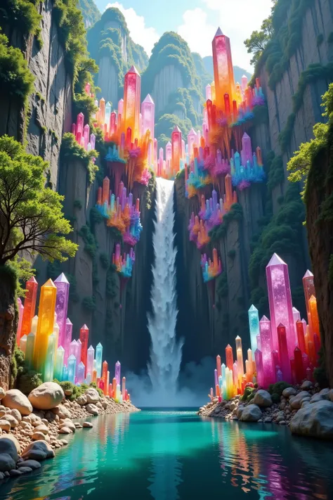A cliff that is 300 feet tall made up of gigantic and translucent quartz crystal points that are multicolored pillars in a tropical rainforest. In the middle of these skyscraper sized quartz crystals is an incredible gushing, cascading waterfall that pours...