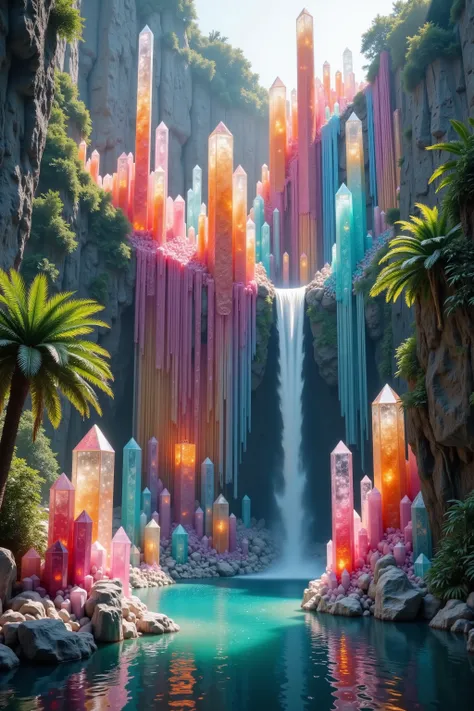 A cliff that is 300 feet tall made up of gigantic and translucent quartz crystal points that are multicolored pillars in a tropical rainforest. In the middle of these skyscraper sized quartz crystals is an incredible gushing, cascading waterfall that pours...