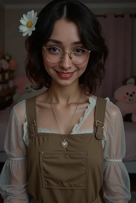beautiful detailed photograph with Storybook Aesthetic , girl, pale skin, black brown short curly perm hair, a lock of curly hair partially covers her right eye, wearing an olive brown mechanical overall very dirty, standing in a dark dirty cover in spide...