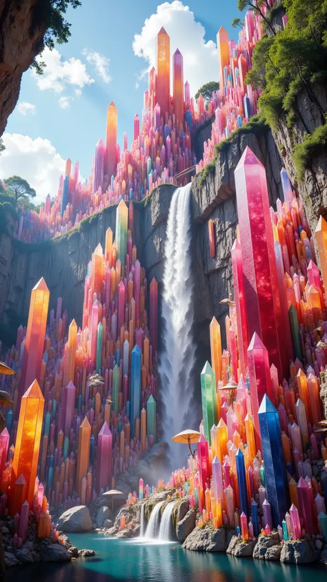 . A cliff that is 300 feet tall made up of gigantic quartz crystal points that are multicolored translucent pillars in a tropical rainforest. In the middle of these skyscraper sized quartz crystals is an incredible gushing cascading waterfall that pours do...