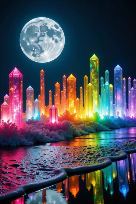 Ultra-realistic, full focus, 3D, the beach shore at night under a full moon. Waves come in and crash against hundreds of partially see-through, multicolored quartz crystals 20 to 40 feet tall. In bright hues of pink, red, Orange, yellow, green, blue, and ...
