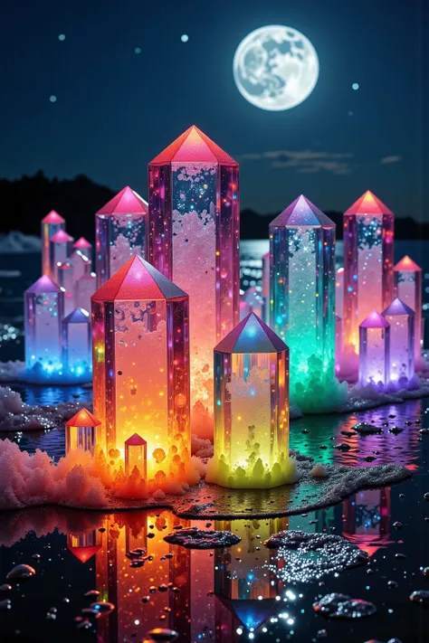 Ultra-realistic, full focus, 3D, the beach shore at night under a full moon. Waves come in and crash against hundreds of partially see-through, multicolored quartz crystals 20 to 40 feet tall. In bright hues of pink, red, Orange, yellow, green, blue, and ...