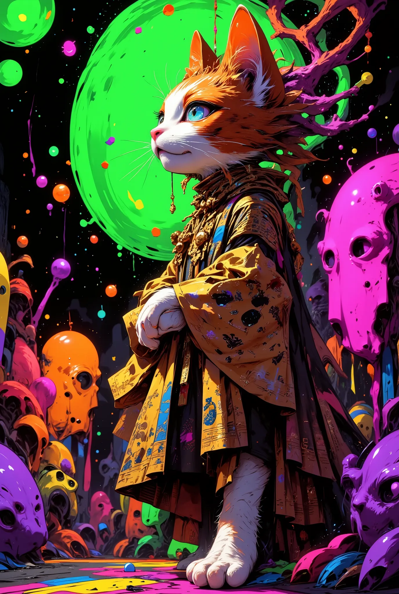 The cat has a cute expression, walking on two legs, ((The face is a cute cat)), ((Pupil details, gradient eyes)), (((Macro))), close up shot : 1.8, profile, (((side view))), from the side, (white backgriound : 1.4), High Definition, masterpiece, Accurate, ...