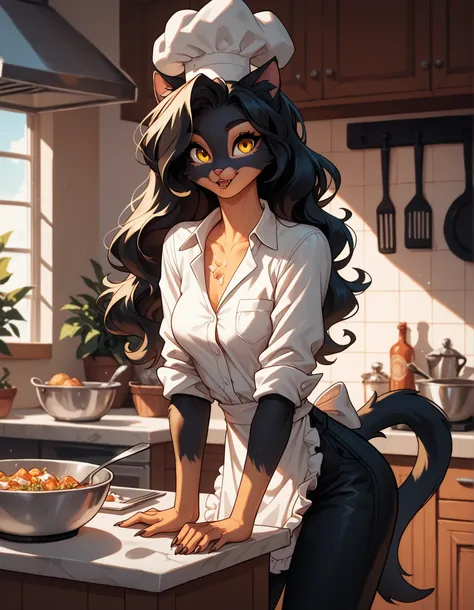 cute female anthro black cat girl, skinny, long black hair, yellow eyes, medium breasts, black fur on body, light fur on chest, wearing an apron, wearing a white button up shirt under apron, sleeves rolled up, black pants, chef's hat