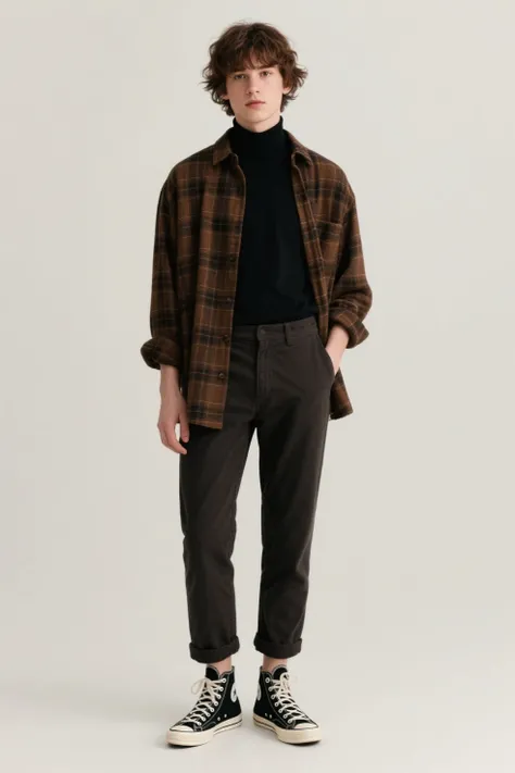 A american young men with a soft, expressive face and fair skin, slightly flushed cheeks, and large, deep brown eyes. He has short, tousled, wavy dark brown hair with a fringe that gently falls over his forehead. He wears a black turtleneck under a loose, brown plaid overshirt, paired with rolled-up dark pants and black Converse sneakers