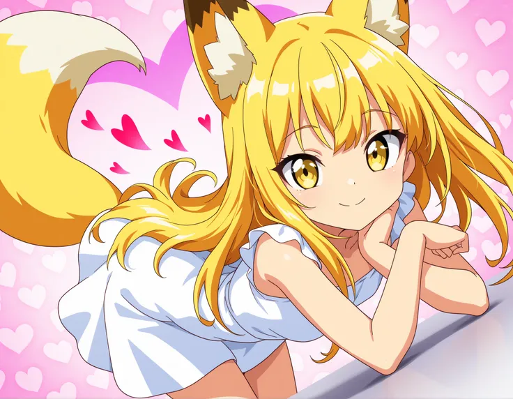 (masterpiece, best quality), (colorful),one girl, fox ears,fox tail,yellow long hair,yellow eyes, best smile,heart background, super precise illustration, high detail , dynamic angle, beautiful detailed, 8k, (high resolution), Anime Style,cute,jamping,whi...