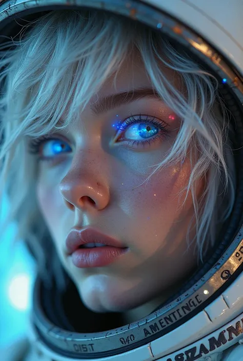 (Close-up of a better masterpiece:1.5)0.9], (Space and astronauts:1.2) (Messy silver hair:1.1) (Heterochromia xanthochromia and blue eyes:1.2) (Space Helmet:1.0) (Colored stars in the eyes:1.0) (A radiant glow:1.1) (thick lips:0.9)