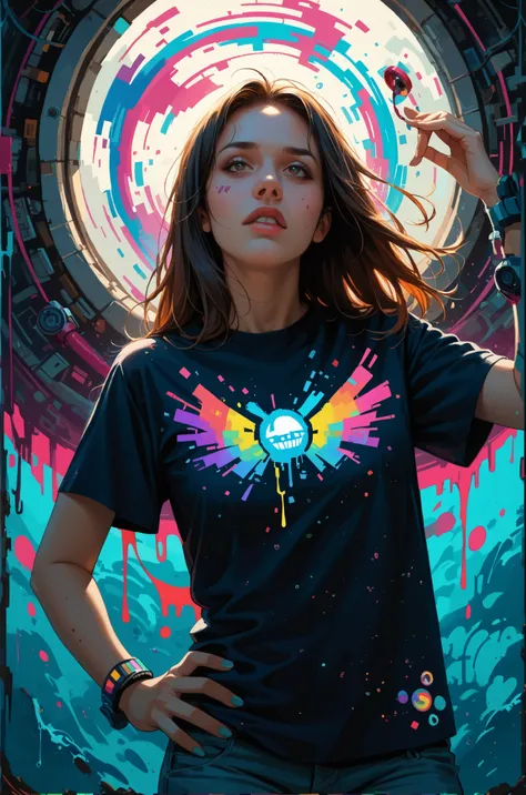 2. Surreal Mind-Bending Art
"Create a surreal, mind-bending t-shirt print that combines elements of a melting clock, a floating astronaut, and a portal opening into another dimension. The color palette should be trippy, featuring neon gradients and psyched...