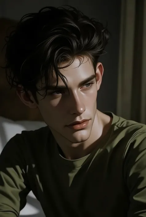 Realistic digital painting
Portrait of a young man
Moody, contemplative expression
Soft, natural lighting
Dark, messy hairstyle
Olive-green long-sleeved shirt
Handsome, elegant male character
Pale skin, subtle glow
Dark aesthetic, melancholic atmos...
