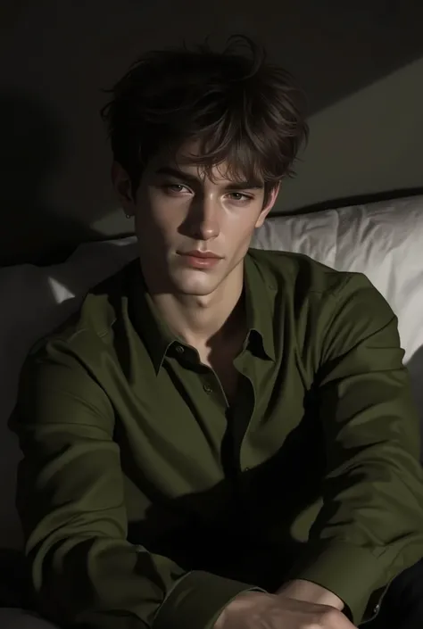 Realistic digital painting
Portrait of a young man
Moody, contemplative expression
Soft, natural lighting
Dark, messy hairstyle
Olive-green long-sleeved shirt
Handsome, elegant male character
Pale skin, subtle glow
Dark aesthetic, melancholic atmos...