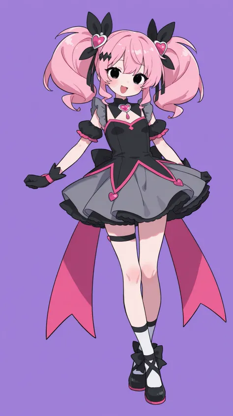 one girl。full body standing picture。pink twin tails、black ribbon hair accessories、Magical Girl、濃いピンクと黒を基調としたMagical Girlの衣装を着ている。eyes are black with dark eyes。smile。he opens his mouth and laughs。looks like fun。Cheeky。cute。upright。
