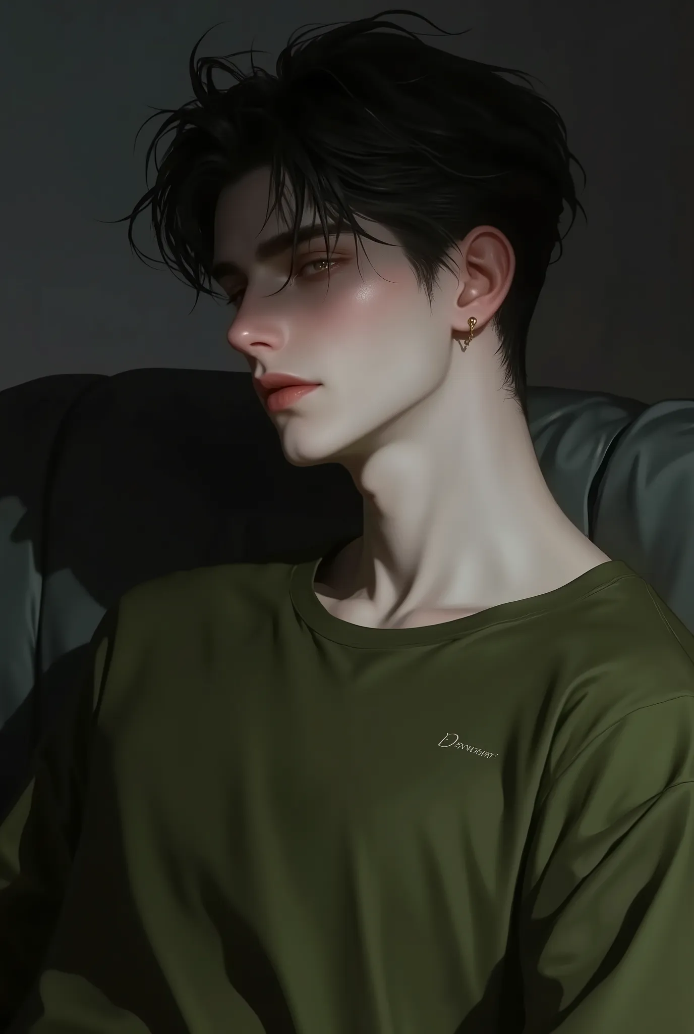 Realistic digital painting
Portrait of a young man
Moody, contemplative expression
Soft, natural lighting
Dark, messy hairstyle
Olive-green long-sleeved shirt
Handsome, elegant male character
Pale skin, subtle glow
Dark aesthetic, melancholic atmos...