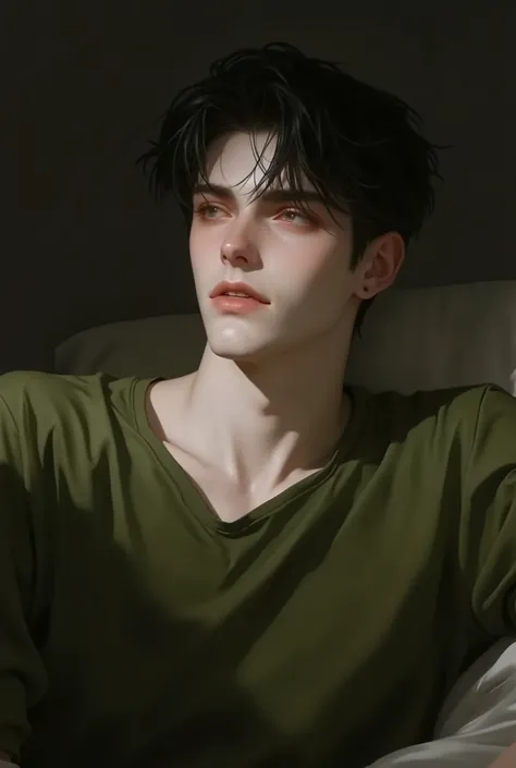 Realistic digital painting
Portrait of a young man
Moody, contemplative expression
Soft, natural lighting
Dark, messy hairstyle
Olive-green long-sleeved shirt
Handsome, elegant male character
Pale skin, subtle glow
Dark aesthetic, melancholic atmos...