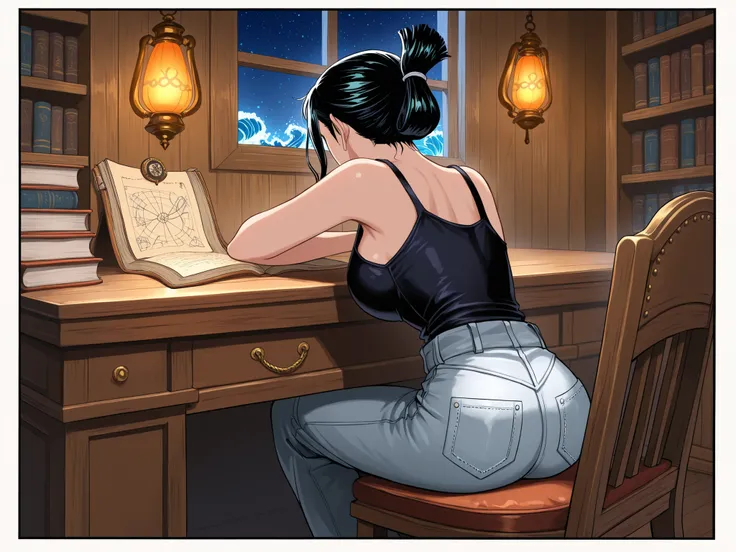 (masterpiece, best quality), vibrant anime illustration, Nico Robin (One Piece) with raven-black hair in a loose topknot and face-framing strands, wearing faded grey denim overalls with both straps fastened over a modest black tank top, seated on chair at ...