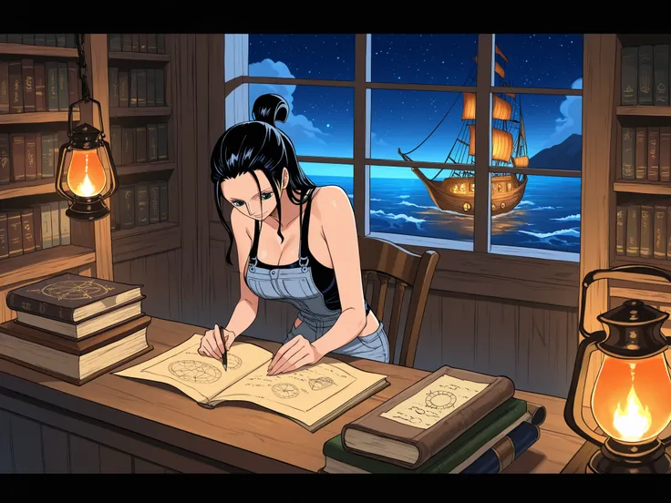 (masterpiece, best quality), vibrant anime illustration, Nico Robin (One Piece) with raven-black hair in a loose topknot and face-framing strands, wearing faded grey denim overalls with both straps fastened over a modest black tank top, seated on chair at ...