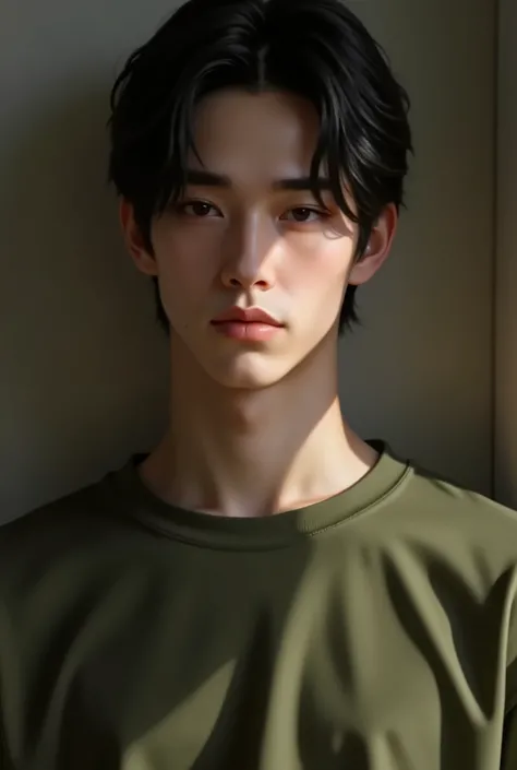 Realistic digital painting

Portrait of a young man

Moody, contemplative expression

Soft, natural lighting

Dark, messy hairstyle

Olive-green long-sleeved shirt

Handsome, elegant male character

Pale skin, subtle glow

Dark aesthetic, melancholic atmos...