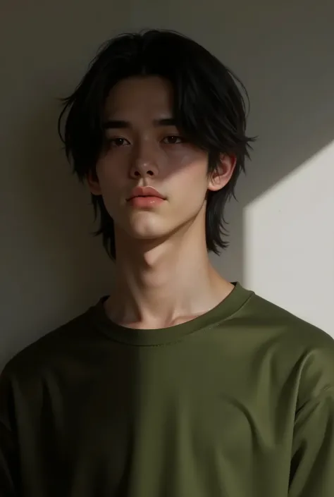 Realistic digital painting

Portrait of a young man

Moody, contemplative expression

Soft, natural lighting

Dark, messy hairstyle

Olive-green long-sleeved shirt

Handsome, elegant male character

Pale skin, subtle glow

Dark aesthetic, melancholic atmos...