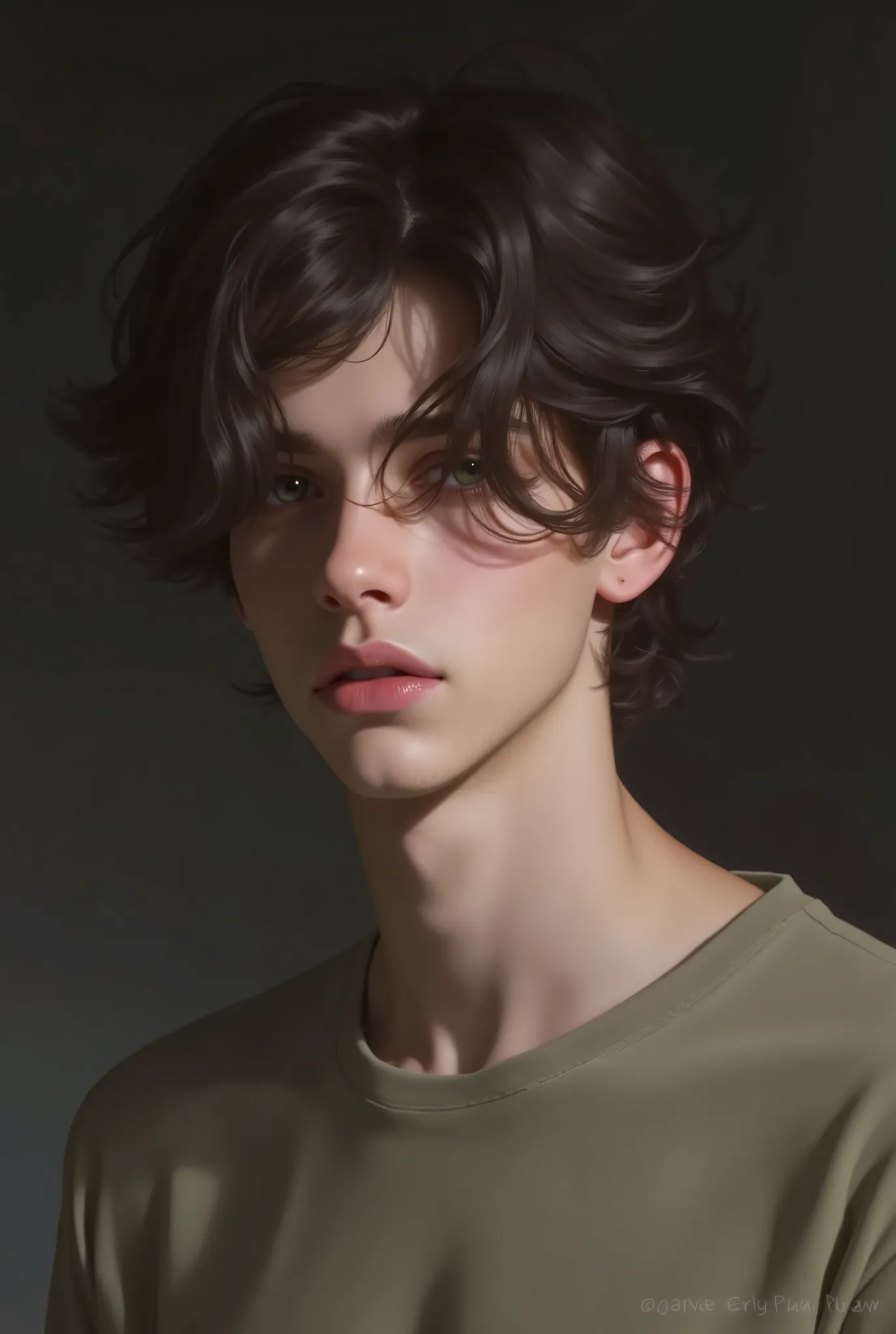 Realistic digital painting
Portrait of a young man
Moody, contemplative expression
Soft, natural lighting
Dark, messy hairstyle
Olive-green long-sleeved shirt
Handsome, elegant male character
Pale skin, subtle glow
Dark aesthetic, melancholic atmos...