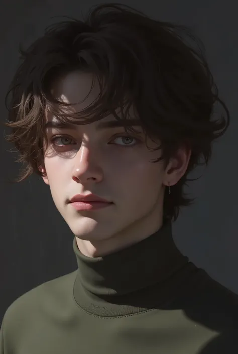 Realistic digital painting
Portrait of a young man
Moody, contemplative expression
Soft, natural lighting
Dark, messy hairstyle
Olive-green long-sleeved shirt
Handsome, elegant male character
Pale skin, subtle glow
Dark aesthetic, melancholic atmos...