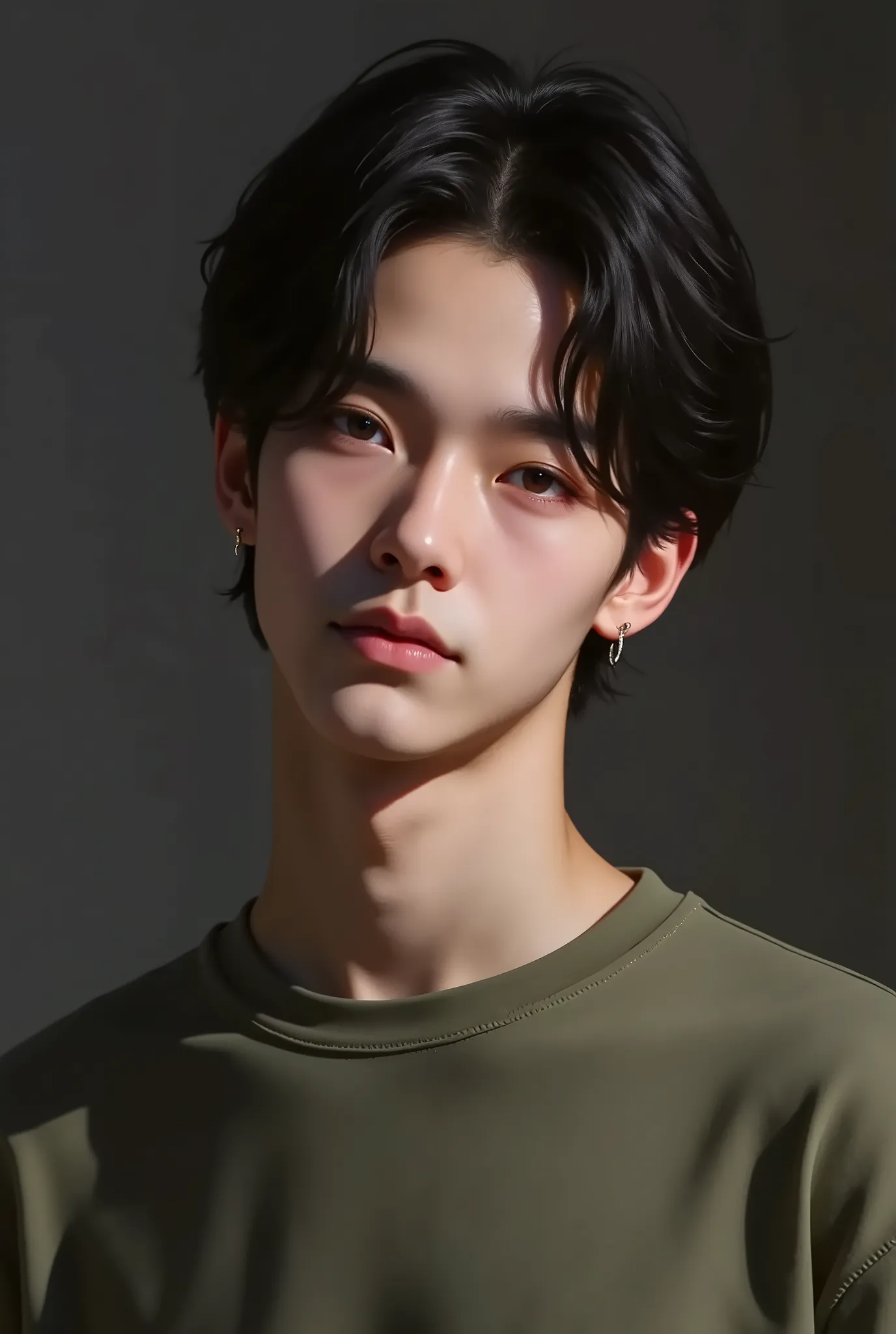 Realistic digital painting
Portrait of a young man
Moody, contemplative expression
Soft, natural lighting
Dark, messy hairstyle
Olive-green long-sleeved shirt
Handsome, elegant male character
Pale skin, subtle glow
Dark aesthetic, melancholic atmos...
