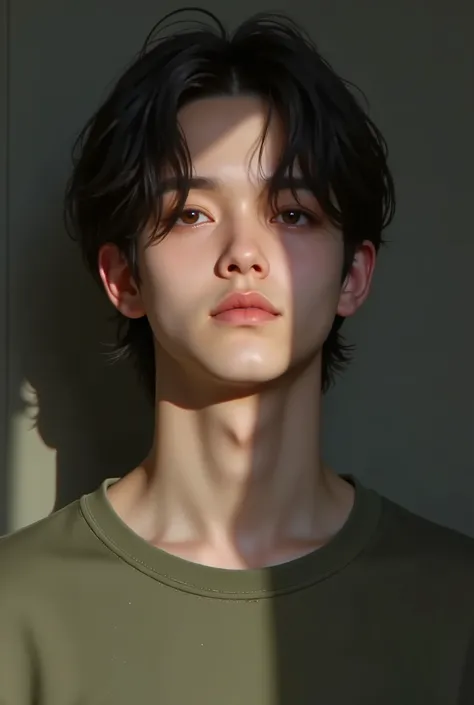 Realistic digital painting
Portrait of a young man
Moody, contemplative expression
Soft, natural lighting
Dark, messy hairstyle
Olive-green long-sleeved shirt
Handsome, elegant male character
Pale skin, subtle glow
Dark aesthetic, melancholic atmos...