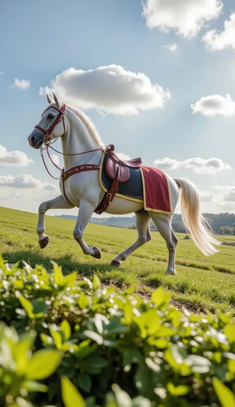 Light gray warhorse wearing brown and black armor, gray saddle , soaring on a green field on sunny day . Silver stirrups , golden horseshoes, Harnesses Marron .