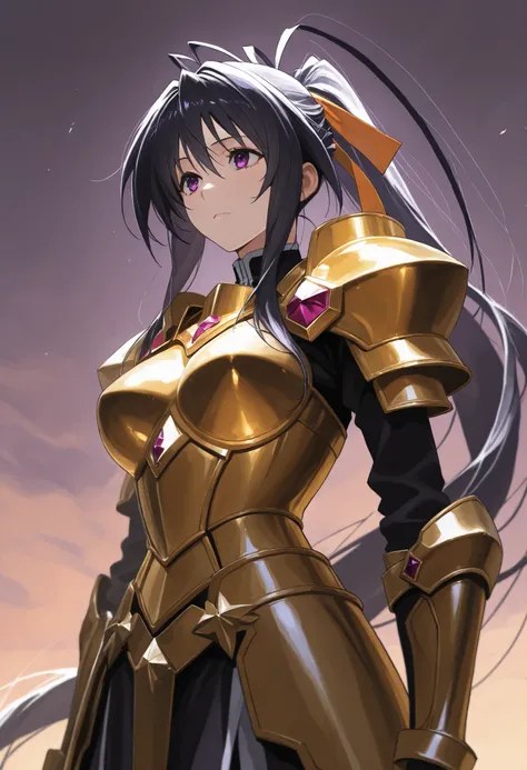 score9_up, score8_up, score7_up, solo, alone masterpiece, best quality, akeno himejima, long hair, black hair, ribbon, very long hair, purple eyes, hair ribbon, ponytail, antenna hair, warrioress, gold armor, very beautiful