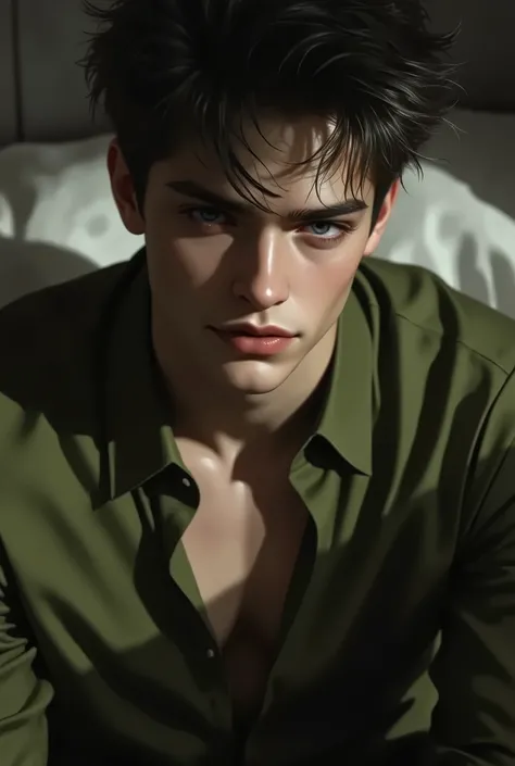 Realistic digital painting
Portrait of a young man
Moody, contemplative expression
Soft, natural lighting
Dark, messy hairstyle
Olive-green long-sleeved shirt
Handsome, elegant male character
Pale skin, subtle glow
Dark aesthetic, melancholic atmos...