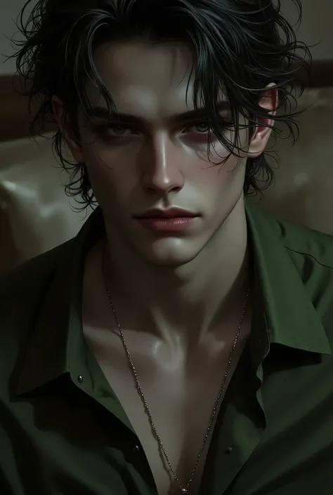 Realistic digital painting
Portrait of a young man
Moody, contemplative expression
Soft, natural lighting
Dark, messy hairstyle
Olive-green long-sleeved shirt
Handsome, elegant male character
Pale skin, subtle glow
Dark aesthetic, melancholic atmos...