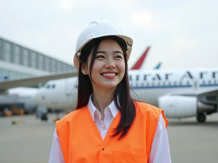 25-year-old Asian woman, feliz, sorrindo, working outdoors at the airport and airplanes in the background of the image. Uniformed image with white helmet and orange safety vest. In the background parked planes. full body image. Imagem full hd, 8k