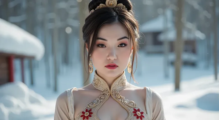 A stunning character that embodies the essence of a realistic woman, crafted from snow, exudes elegance and sophistication. She wears a luxurious, modern Hanfu-inspired dress adorned with intricate embroidery in gold and red colors, showcasing the beauty o...