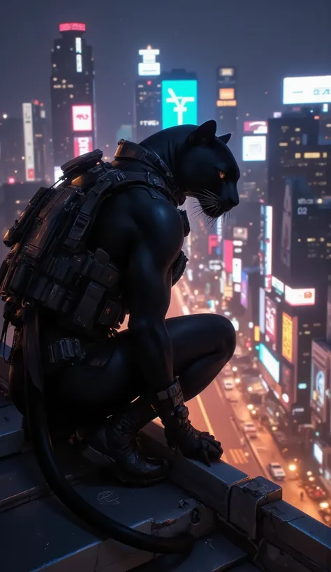 Special Ops Panther Undercover in Human City”
Dark, photorealistic vertical portrait of a sleek black panther wearing tactical gear, crouched on a rooftop overlooking a neon-lit human city. Nighttime infiltration scene, stealth tone.