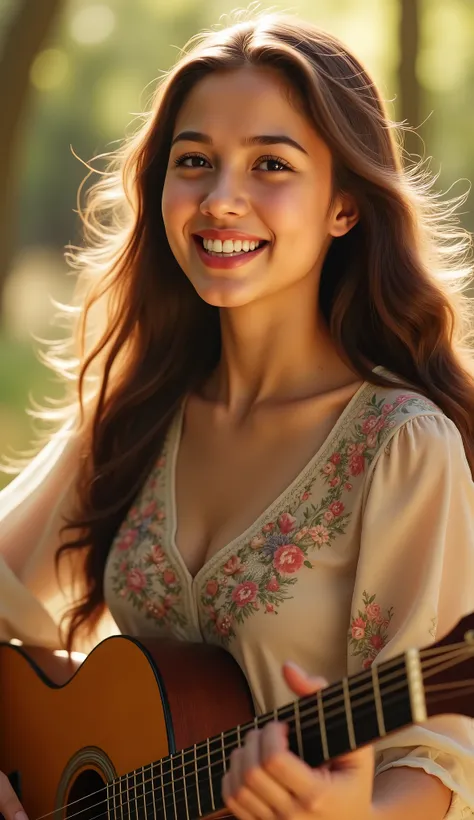 a pretty girl is singing and playing guitar, open eyes