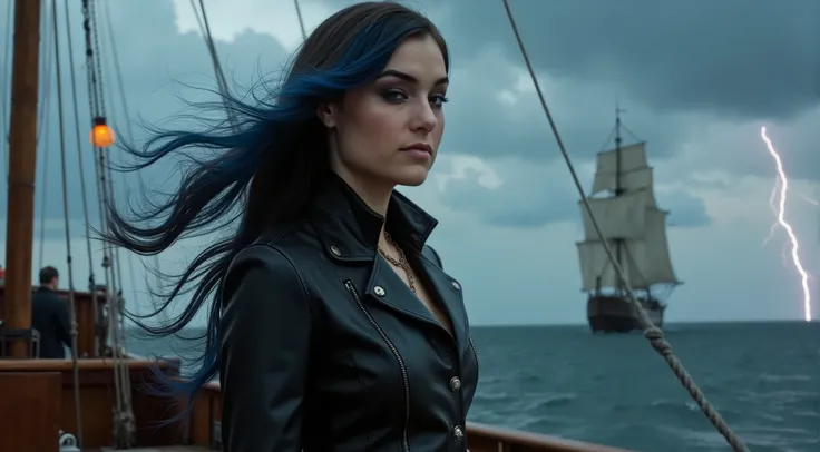 A stunningly fashionable woman commands the deck of her ship, seamlessly merging elements of fantasy and realism in her striking pirate-inspired ensemble. Her silhouette is elegantly proportioned, exuding confidence and allure in her fitted black leather c...