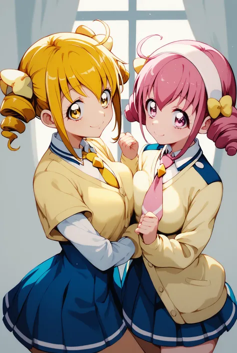 2girl,symmetrical docking, kise yayoi, yellow hair, yellow eyes, white hairband, hair ornament, medium hair, nanairogaoka middle school uniform, yellow necktie, yellow cardigan,medium breasts,hoshizora miyuki, pink hair, twin drills, pink eyes, nanairogaok...