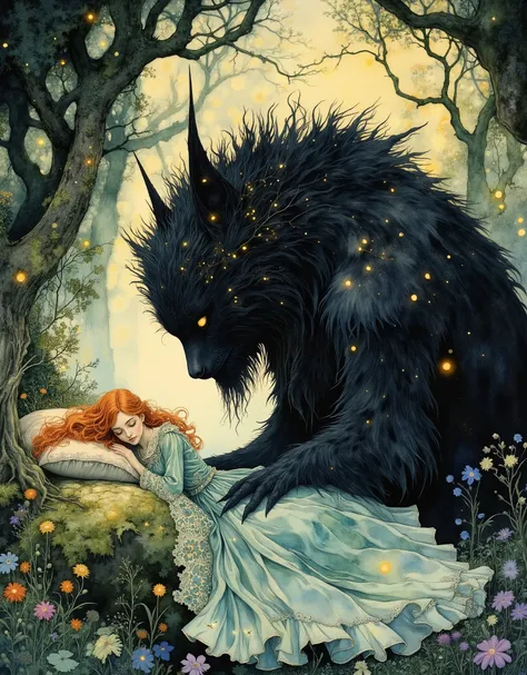 famous artwork, masterful watercolor and ink painting inspired by the styles of kay nielsen and studio ghibli, dreamlike and ethereal, in the heart of an ancient forest, where ancient, moss-covered trees stand like silent sentinels and wafts of morning mis...