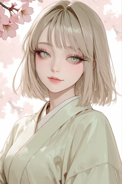 A beautiful, very cute and delicate girl, she has beautiful short light brown hair with bangs, light green eyes, fair skin, cute clothes, a mole under her eye, long eyelashes, on a background with cherry blossoms.