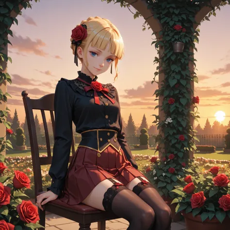 1 girl, Beatrice, eyelashes, nose, straight bangs, blue eyes, blonde hair, hair ornament, short hair, flower, hair flower, rose, black shirt, buttons, pleated skirt, high stockings, garters, standing, in garden, sitting, chair, sunset, attractive, gentle s...