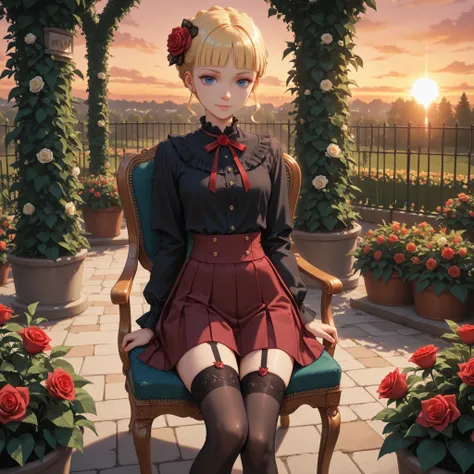 1 girl, Beatrice, eyelashes, nose, straight bangs, blue eyes, blonde hair, hair ornament, short hair, flower, hair flower, rose, black shirt, buttons, pleated skirt, high stockings, garters, standing, in garden, sitting, chair, sunset, attractive, gentle s...