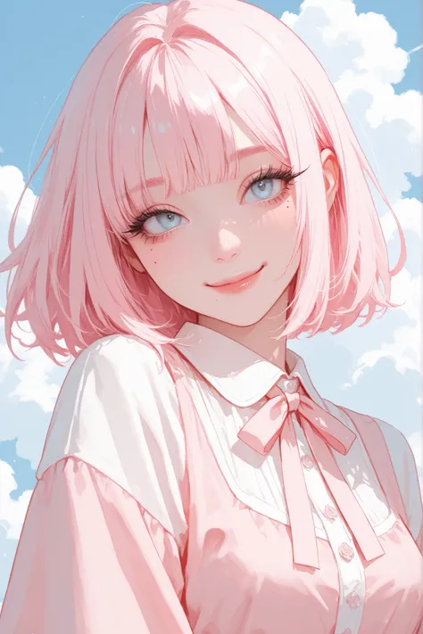 A beautiful girl, she has cute short light pink hair with bangs, light blue eyes, cute outfit, long eyelashes, cute smile, mole under her eye, on a background with clouds.