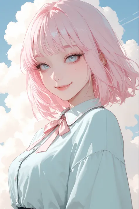 A beautiful girl, she has cute short light pink hair with bangs, light blue eyes, cute outfit, long eyelashes, cute smile, mole under her eye, on a background with clouds.