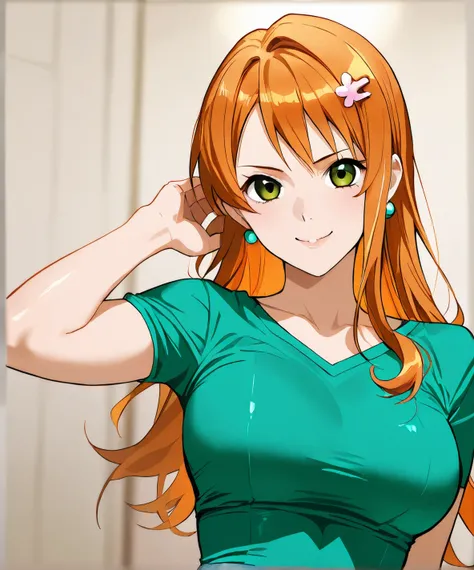 Nami supermodel taking a photo in digital influencer style, medium shot, hot baddie secretary, long hair, wearing a tight shirt, safe to work, orange Nami long hair, beautiful shiny green eyes.
