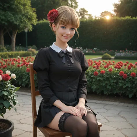 1 girl, Beatrice, eyelashes, nose, straight bangs, blue eyes, blonde hair, hair ornament, short hair, flower, hair flower, rose, black shirt, buttons, pleated skirt, high stockings, garters, standing, in garden, sitting, chair, sunset, attractive, gentle s...