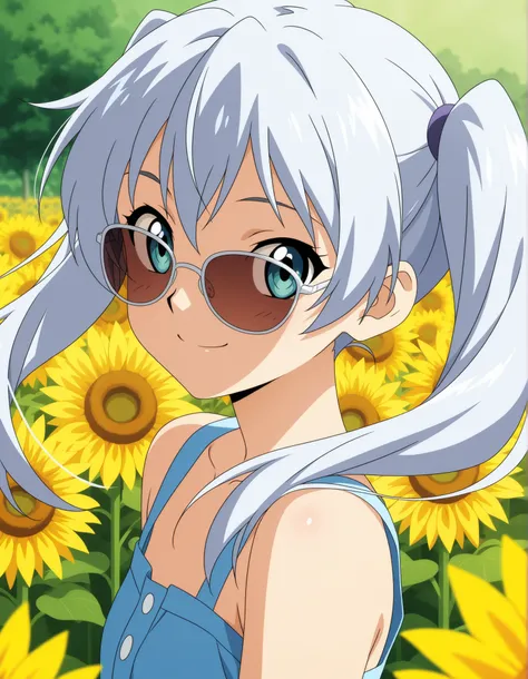 Silver Long Hair、Beautiful Girl with Twin Tails、smile、Anime girl wearing sunglasses in a field of daisies, artwork in the style of Gwaiz, beautiful anime portrait , cute girl anime visual, Gwaiz, beautiful sunflower anime girl, glasses in my room, detai...