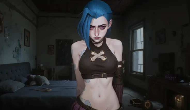 check_9, check_8_ up, check_7_ up, Jinx, nude, sex, naked body, очень sexуально, erotica , woman with blue hair and black top, Facing the viewer, nude грудь, nipples, erotica, sex, (Aerial view:1.2.), (( Facing the viewer : 1.2.)), ((hedgehog hairstyle  : ...