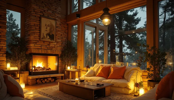 a 4k image, professional art photography, soft yellow , dynamic movement. warm , a little dark, soft focus , a stretch room built of natural brick, There are many glass windows at night, unburned candles illuminate futuristic and vintage elements. Glass f...
